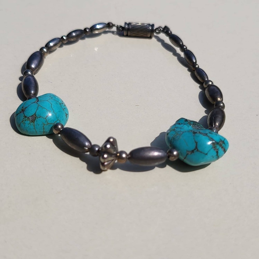 Vintage Turquoise Sterling Silver Melon Bead Bracelet Blue Southwestern - Picture 10 of 10